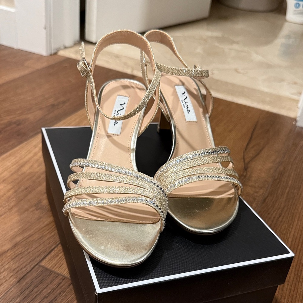 Nina Gold Strappy Rhinestone Evening Heels